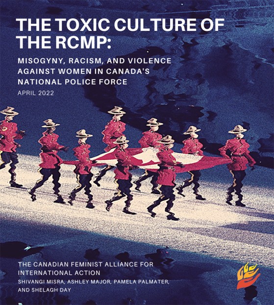 Cover for The Toxic culture of the RCMP. Photo of RCMP holding Canadian flag.