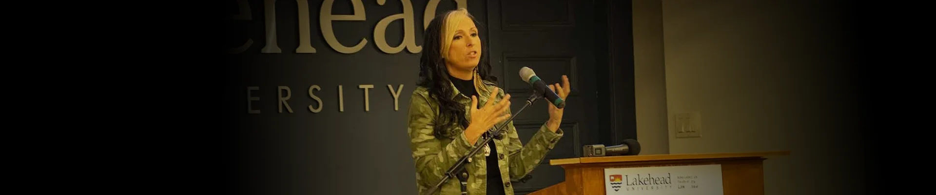 Pam speaking at Lakehead University.