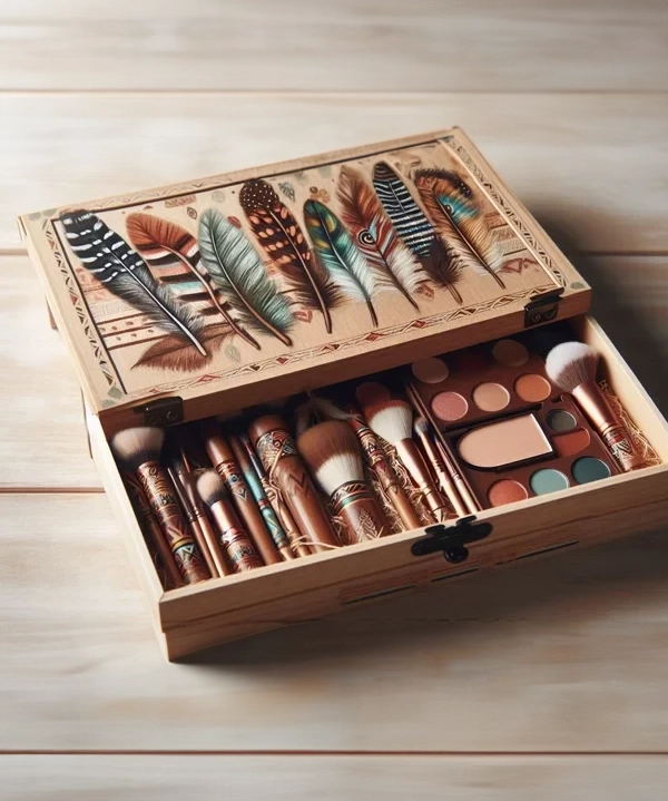 A make-up kit in a wooden box with paintings of feathers on the lid.